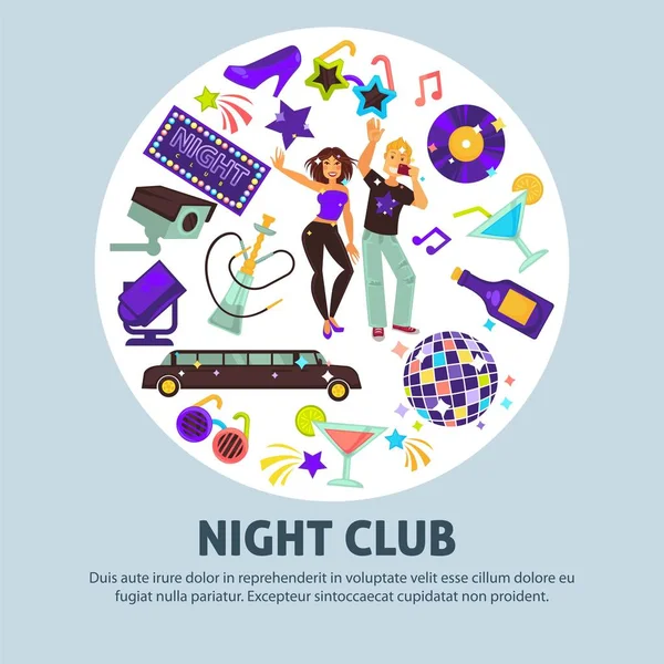 Promo Plakat Des Nachtclubs Mit Partyleuten Und Attributen — Stockvektor