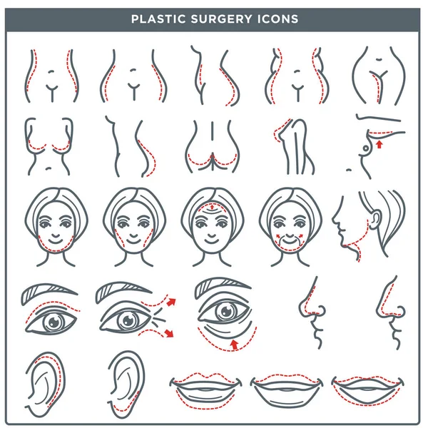 Πλαστική Χειρουργική Γραμμή Εικονιδίων Για Γυναίκα Σώμα Και Πρόσωπο — Διανυσματικό Αρχείο