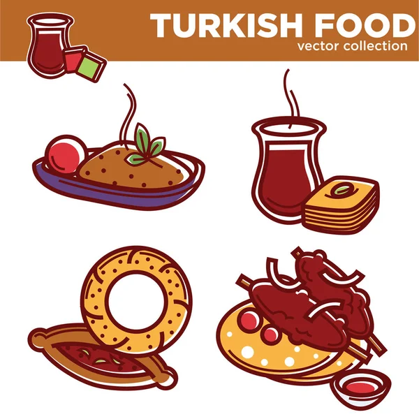 Векторная Коллекция Турецкой Кухни Вкусными Горячими Блюдами — стоковый вектор