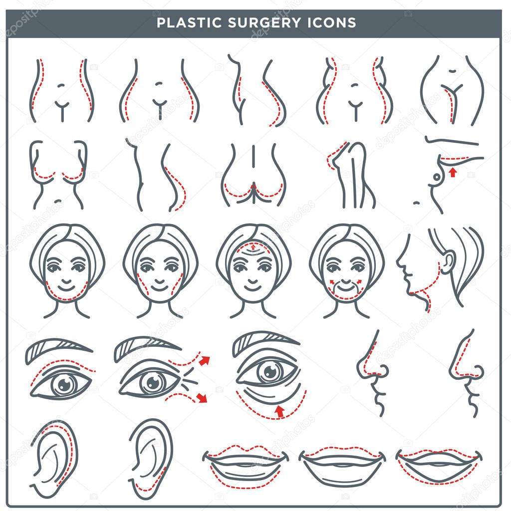 Plastic surgery line icons for woman body and face