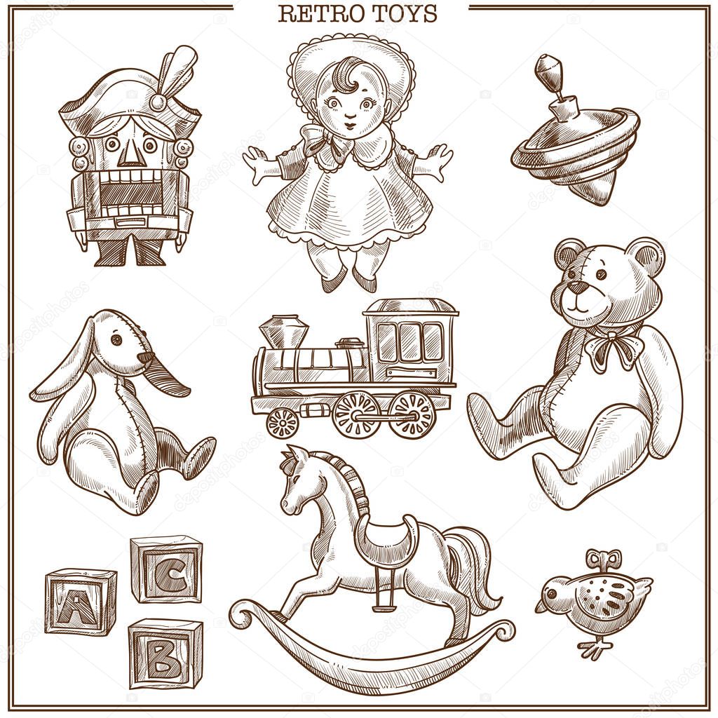 hand drawn icons set of vintage toys