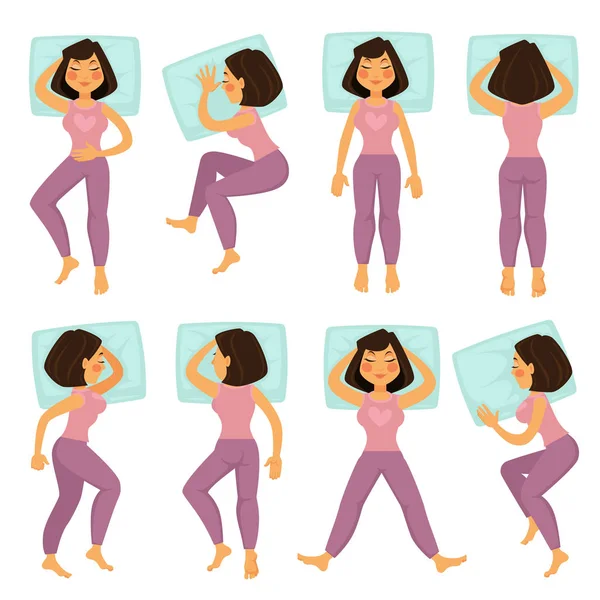 Mujer Dibujos Animados Duerme Almohada Suave Todas Las Posiciones Posibles — Archivo Imágenes Vectoriales