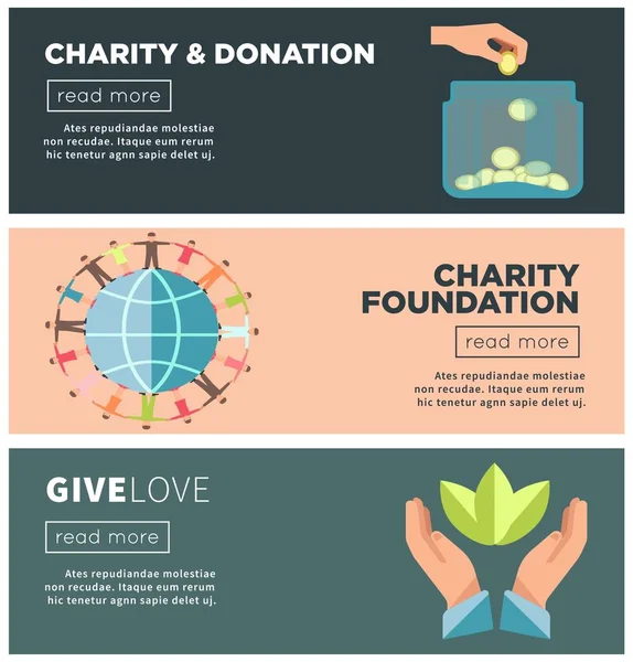 Caridad Donación Acción Social Organización Fondos Públicos Banners Web — Vector de stock