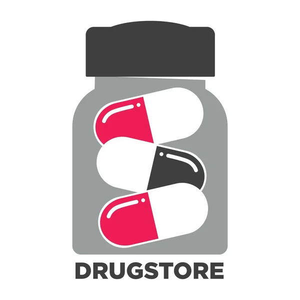 Drugstore Emblema Promocional Com Frasco Pílulas Cápsula —  Vetores de Stock
