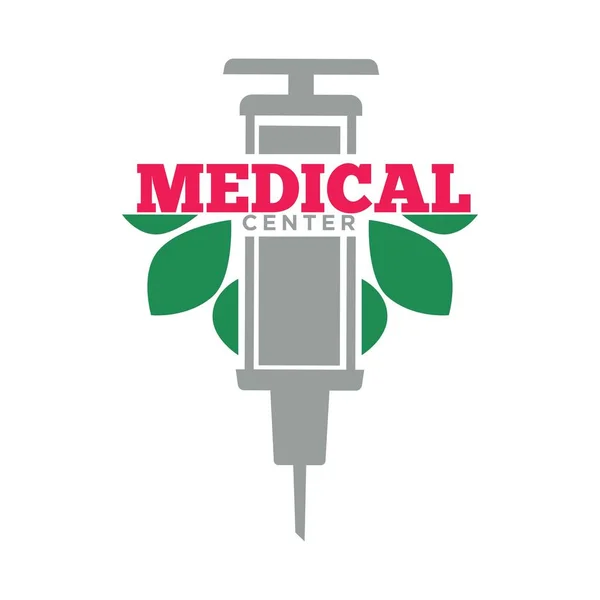 Medisch Centrum Promotionele Embleem Met Enorme Steriele Injectiespuit Groene Bladeren — Stockvector