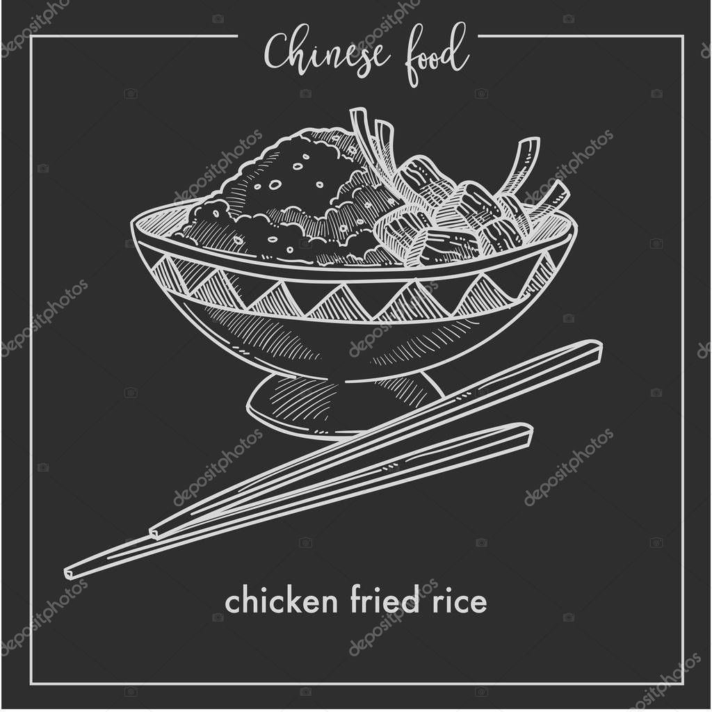 icono del boceto de tiza de arroz frito de pollo en un tazón hondo con