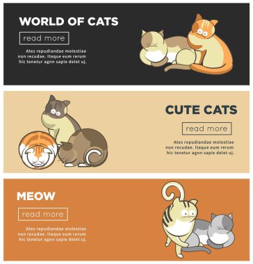 Sevimli çizgi cats ve yavru kedi oynarken, uyku veya poz web afiş şablonları.