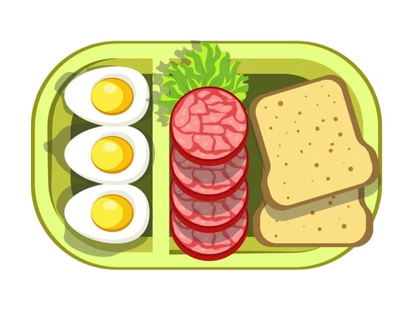 Nahrhaftes Leckeres Mittagessen Praktischen Grünen Plastikbehälter Gekochte Eier Wurst Scheiben — Stockvektor