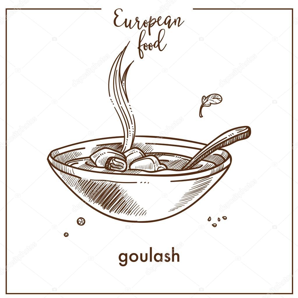 Goulash soup sketch icon for European food cuisine menu design. 