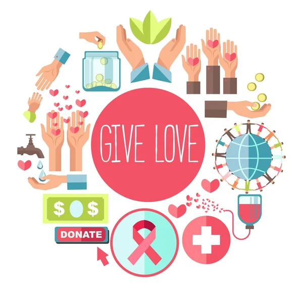 给爱海报社会慈善和捐赠行动图标献血或金钱基金会 — 图库矢量图片