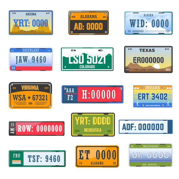 Número Matrícula Del Vehículo Colección Placas Diferentes Países — Vector de stock