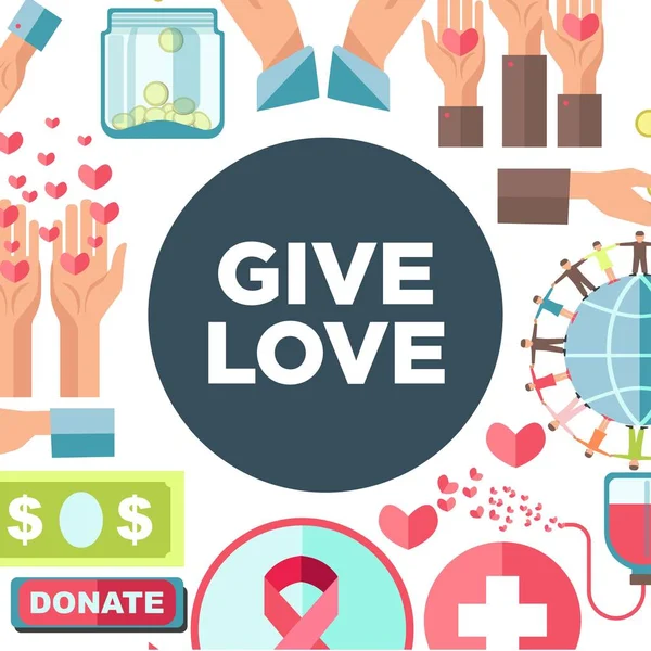 Sosyal Gönüllü Yardım Bağış Yardım Eylem Için Aşk Sadaka Posteri — Stok Vektör