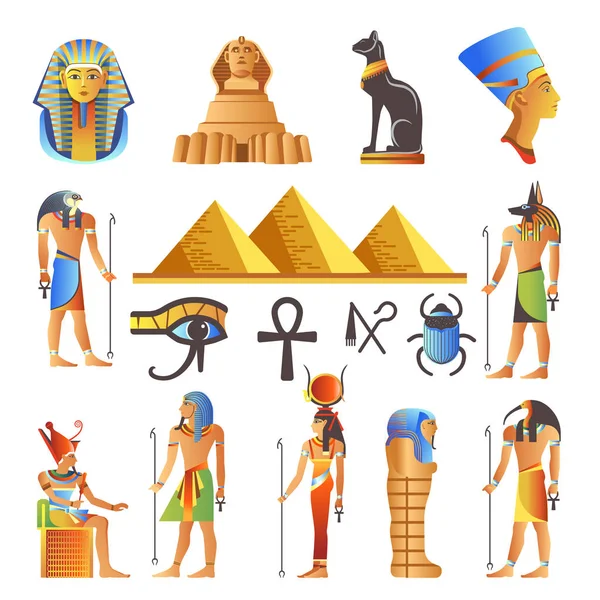 Egipto Antiguos Símbolos Cultura Los Iconos Establecidos Sobre Fondo Blanco — Archivo Imágenes Vectoriales