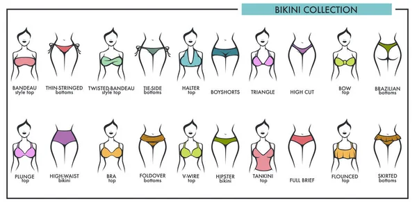 Woman Bikini Types Collection Vector Icons Fashion Lingerie Swimsuit — Stock Vector