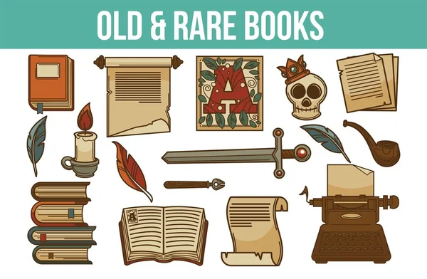 Παλιά Και Σπάνια Βιβλία Χειροποίητα Αντικείμενα Και Κερί Λευκό Φόντο — Διανυσματικό Αρχείο