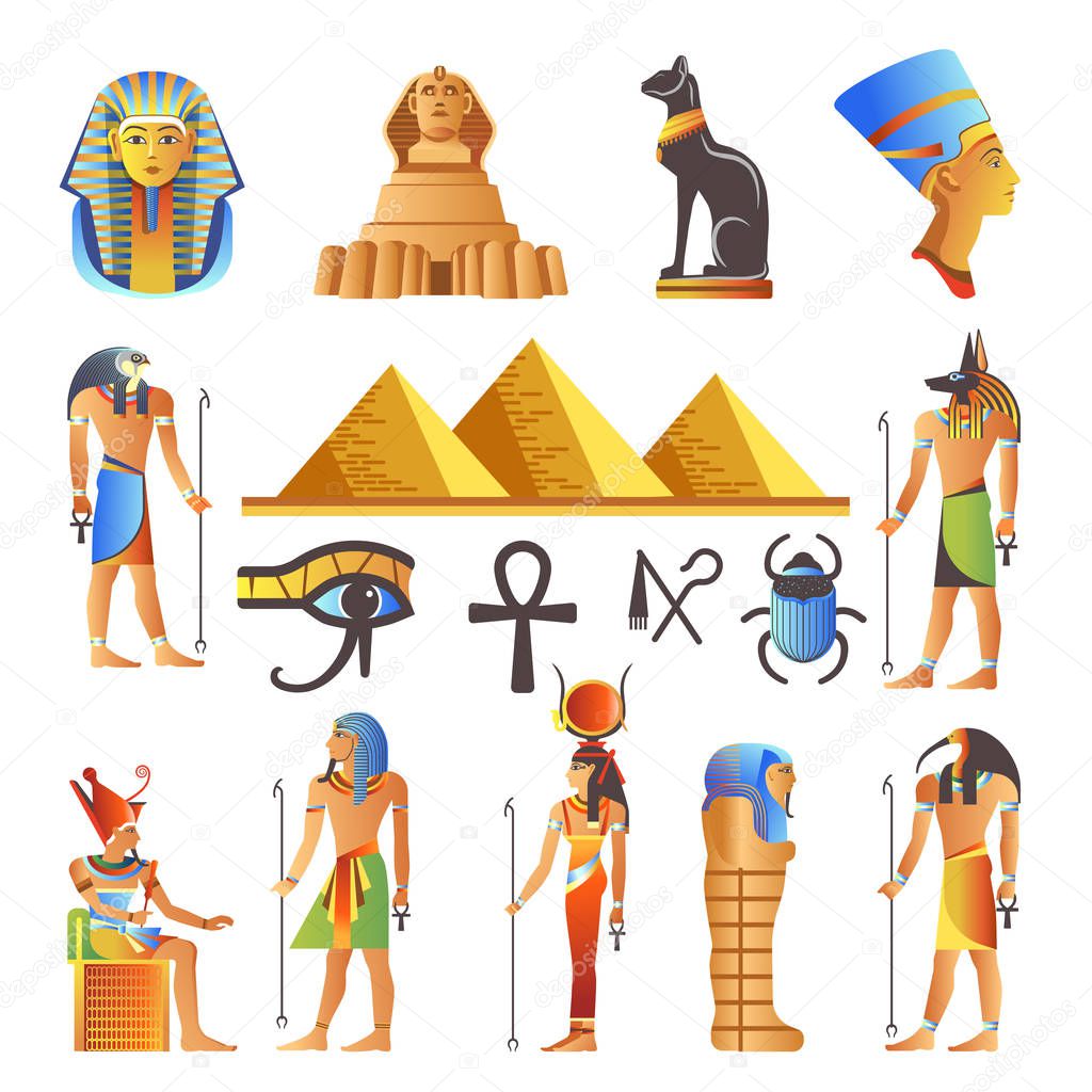 Egypt ancient culture symbols and icons set on white background
