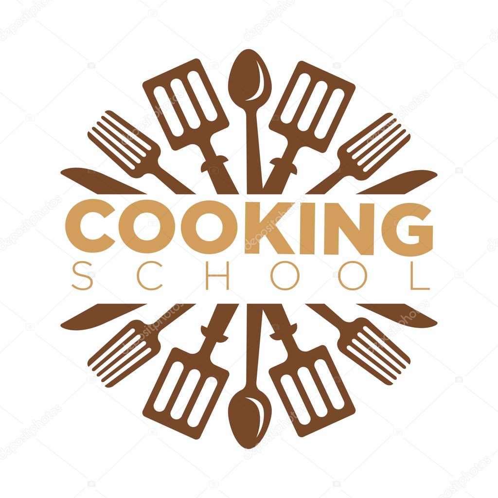 Cooking school masterclass logo template of chef cooking utensils and cutlery