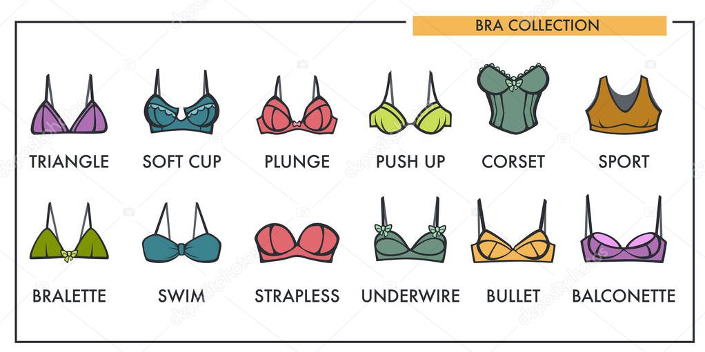 Woman bra types collection vector icons of fashion brassiere lingerie
