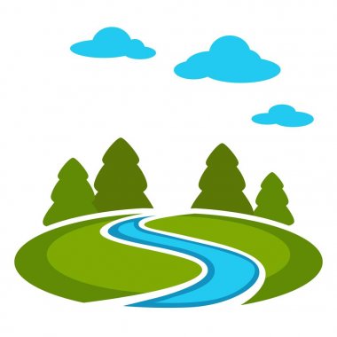 Orman yeşil zarif çayır ve mavi nehir kenarına. Vahşi doğa taze manzara. Uzun boylu evergreen Ladin beyaz zemin üzerine mavi bulutlar izole karikatür düz vektör çizim altında ufukta.