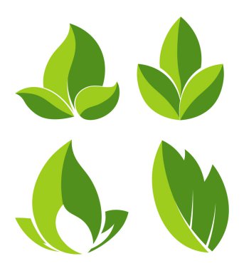 Yeşil Eko şirketler kümesi için Logotype olarak bırakır. Doğa ve çevre örgütü izole karikatür düz vektör çizimler üzerinde beyaz arka plan ayarlamak için saflık sembolü olarak ağaç yapraklar.