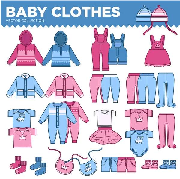小男孩和女孩的婴儿衣服收藏 保暖毛衣 可爱的工作服 时髦的衣服 方便的爬虫和休闲裤孤立卡通矢量插图白色背景 — 图库矢量图片