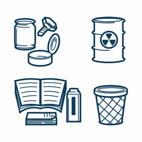 垃圾的几种类型和办公室垃圾箱 金属螺栓 玻璃罐 桶内有毒废料 小篮和废纸 独立卡通平面单色矢量插图集 — 图库矢量图片