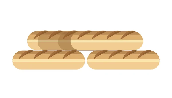 長い新鮮なおいしいバゲットは小麦粉から成っています 楕円形の熱い焼きたてのパン 白い背景の上おいしい柔らかい香りの良いパン屋さん分離製品漫画フラット ベクトル図 — ストックベクタ