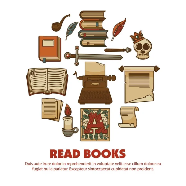 Lesen Bücher Agitative Plakat Mit Alten Schriftlichen Reliquien Alter Schädel — Stockvektor
