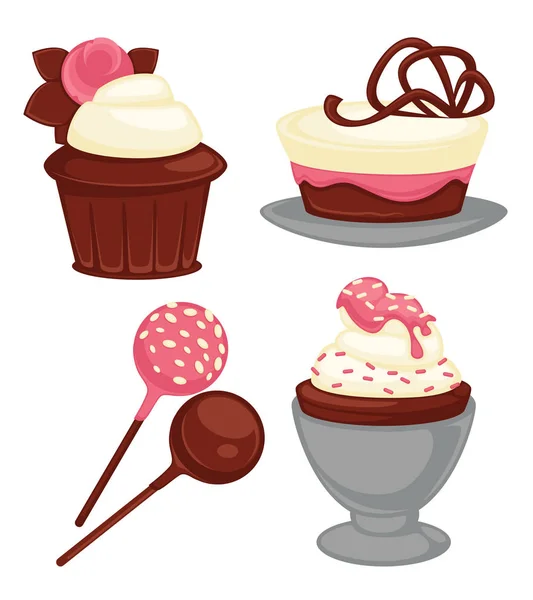 Delicious Desserts Chocolate Strawberry Jam Set Tasty Cupcake Cream Rose — Stock Vector