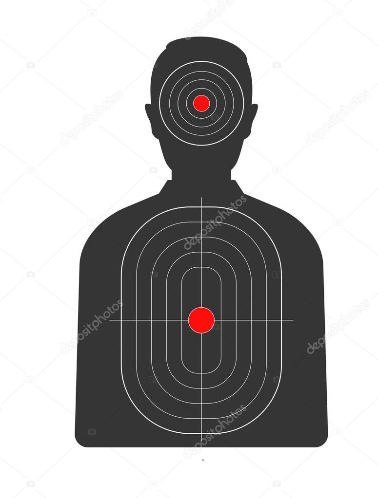 Target with red spots on male human black silhouette. Cardboard aim with man and bright points on head and body for shooting gallery isolated cartoon flat vector illustration on white background.