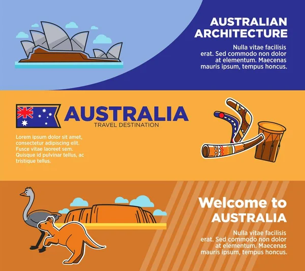 Australia Destinos Viajes Carteles Promocionales Con Arquitectura Símbolos Nacionales Animales — Vector de stock