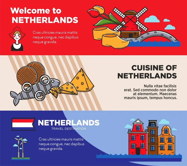 オランダ旅行先プロモーション ポスター サンプル テキストを設定します イタリア料理と商業バナー上のシンボル 寒い北欧の国広告漫画ベクトル イラストへの旅 — ストックベクタ