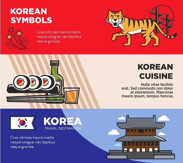 Corea Viaje Destino Carteles Promocionales Con Símbolos Nacionales Cocina Arquitectura — Vector de stock