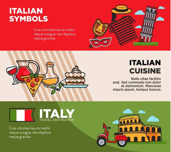 İtalya seyahat hedef poster Ulusal sembolleri ve mutfağı ile. Mimari konumlar, ünlü İtalyan pizza ve lezzetli yiyecek. Yolculuk Avrupa ülkesi reklam vektör çizimler.