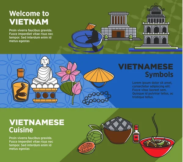 Witamy Wietnamie Banery Promocyjne Kuchni Symbole Narodowe Antyczny Architektura Egzotyczne — Wektor stockowy