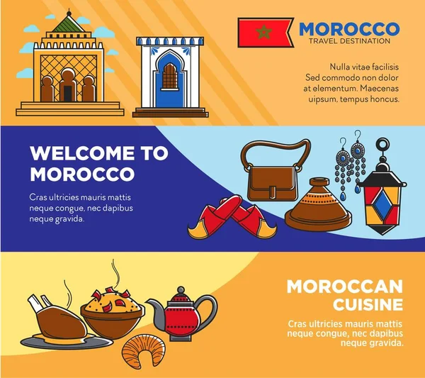 Bienvenue Maroc Ensemble Affiches Cuisine Marocaine Valeurs Architecturales Produits Artisanaux — Image vectorielle