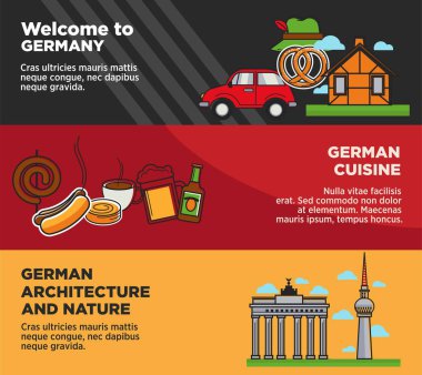 Almanya reklam bayrak Ulusal mutfağı ve mimarisi ile hoş geldiniz. Avrupa ülkesi gezi reklamları çizimler vektör lezzetli yemekler, otantik binalar ve ulusal sembolleri.