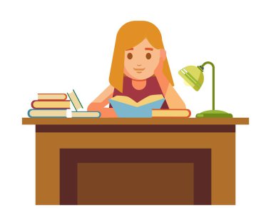 Kız kitap ve okuma ile masada oturuyor. Liseli kız lamba ve ders kitapları ile Kütüphanesi'nde. Küçük çocuk okula ve edebiyat izole karikatür düz vektör çizim beyaz arka plan üzerinde öğrenmek.