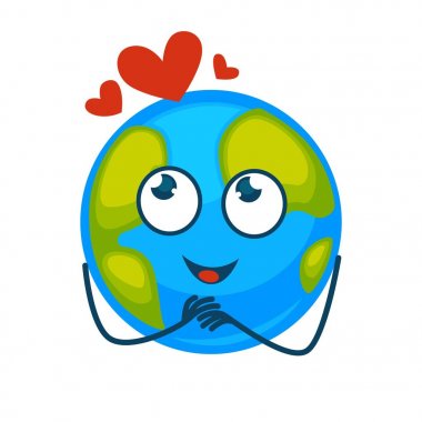 Çok güzel yüz, samimi bir gülümseme ve kırmızı kalpler yukarıdaki Earth gezegen. Dünya beyaz arka plan üzerinde katlanmış eller izole karikatür düz vektör çizim ile iri Parlak gözlü romantik ruh hali.