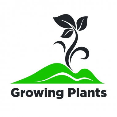 Bitkiler promosyon amblemi yeşil zemin ve Filiz ile büyüyor. Beyaz arka plan üzerinde işareti ekolojik reklam logo izole karikatür düz vektör çizim ile toprakta yapraklarla kök.