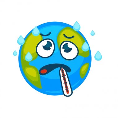 Yukarıda hasta Earth ile termometre ağız ve ter içinde bırakır. Güçlü buharlaşma ve hayal kırıklığına uğramış surat ile hasta gezegen. Beyaz arka plan üzerinde Küre ve ihtimali izole karikatür vektör çizim.