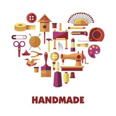 El yapımı ürünler oluşturma özel araçları kalp şeklinde. Resimler, boyamak için ekipman temini dikmeyi ve vektör çizimler kümesi tasarım kıyafetler ve aletleri küçük nesneleri karikatür tekne.