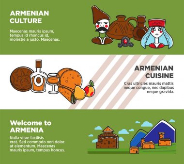 Ermenistan promosyon afiş otantik kültürü ve mutfağı ile hoş geldiniz. Ulusal kostüm, leziz yemekleri ve otantik mimari karikatür düz vektör çizim reklam posterler.