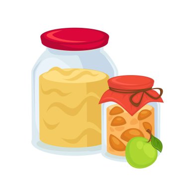 Turşu elma ve tatlı büyük kavanoz reçel. Uzun zaman aşımı tarihi olan meyve ürün vitamin dolu. Yaz kış izole karikatür düz vektör çizim içinde yemek için lezzetli yemek pişirilir.