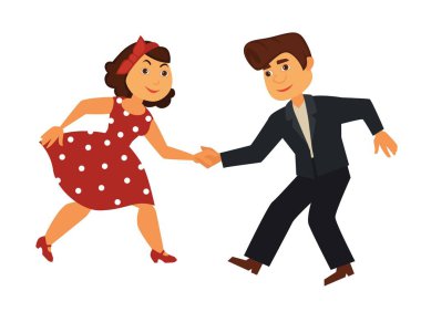 Şık vintage kostümleri profesyonel rock-n-roll dansçılar birkaç. Benekli içinde kadın ve siyahlı adam uygun 60s ile saç modeli izole karikatür vektör çizimler beyaz arka plan üzerinde.