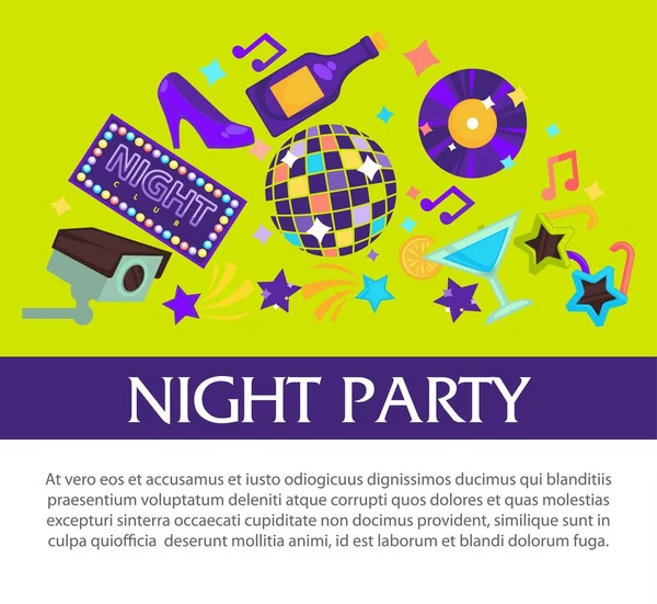 Nacht Party Werbebanner Mit Beispieltext Glänzende Discokugel Vinylscheibe Flasche Champagner — Stockvektor