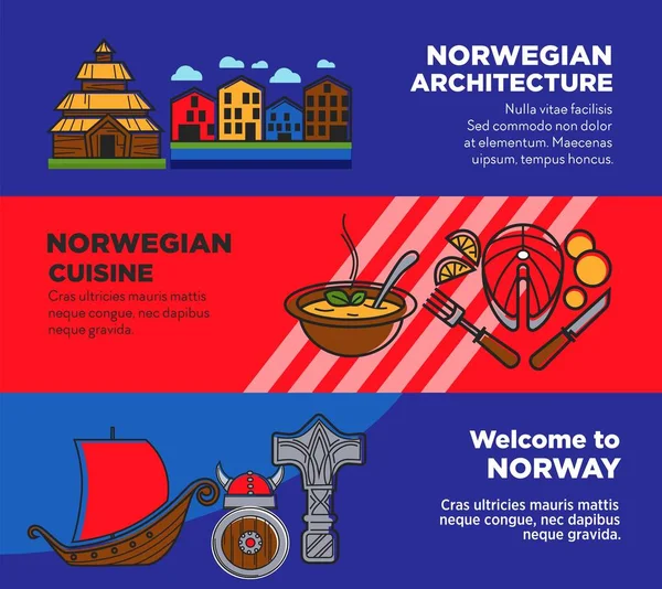 ノルウェーの伝統的な建築と料理の宣伝用ポスターへの旅 興味深い歴史とおいしい食品広告バナー ベクトル イラスト セット寒い北欧の国 — ストックベクタ