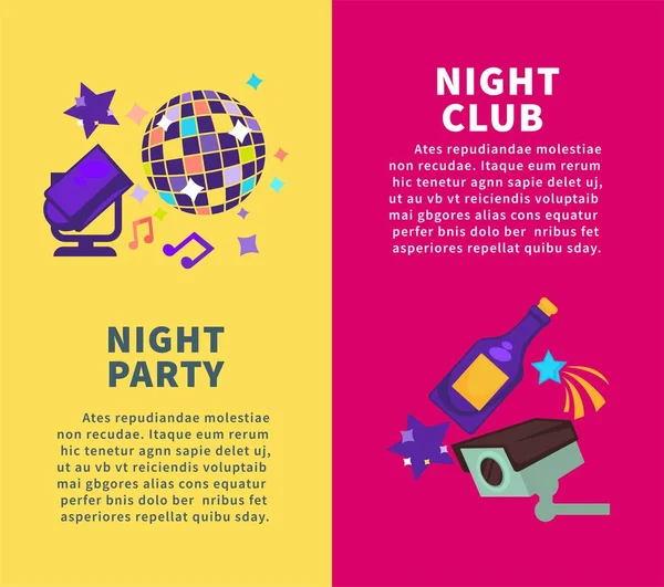 Party Discotheek Promotionele Verticale Posters Set Disco Bal Felle Schijnwerper — Stockvector