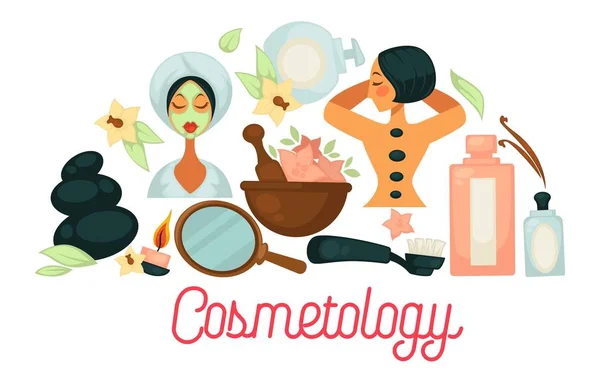 Kozmetik Posteri Yordamlar Zevk Kadın Müşterileri Ile Masaj Sıcak Taş — Stok Vektör