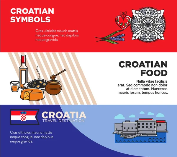 크로아티아 그리고 여행사 포스터 광고에 여행입니다 건축물과 배너에 일러스트 — 스톡 벡터